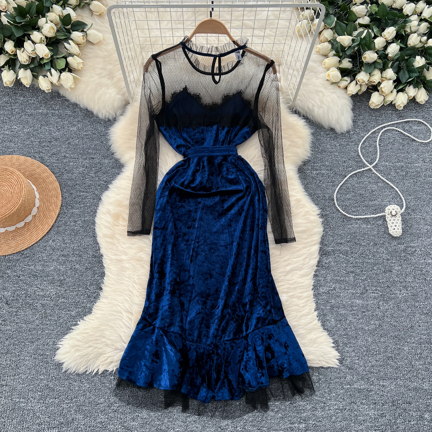 Elegant See Through Vintage O-neck Chic Long Sleeve Slim Mesh Spliced Velvet Mermaid Dresses Women Evening High Street Clothing