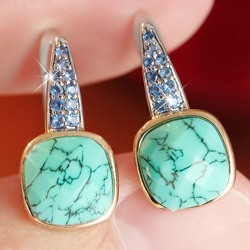 Fashion Bohemian Style Square Synthetic Turquoise Shiny Drop Earrings for Women Luxury Elegant Banquet Anniversary Charm Jewelry
