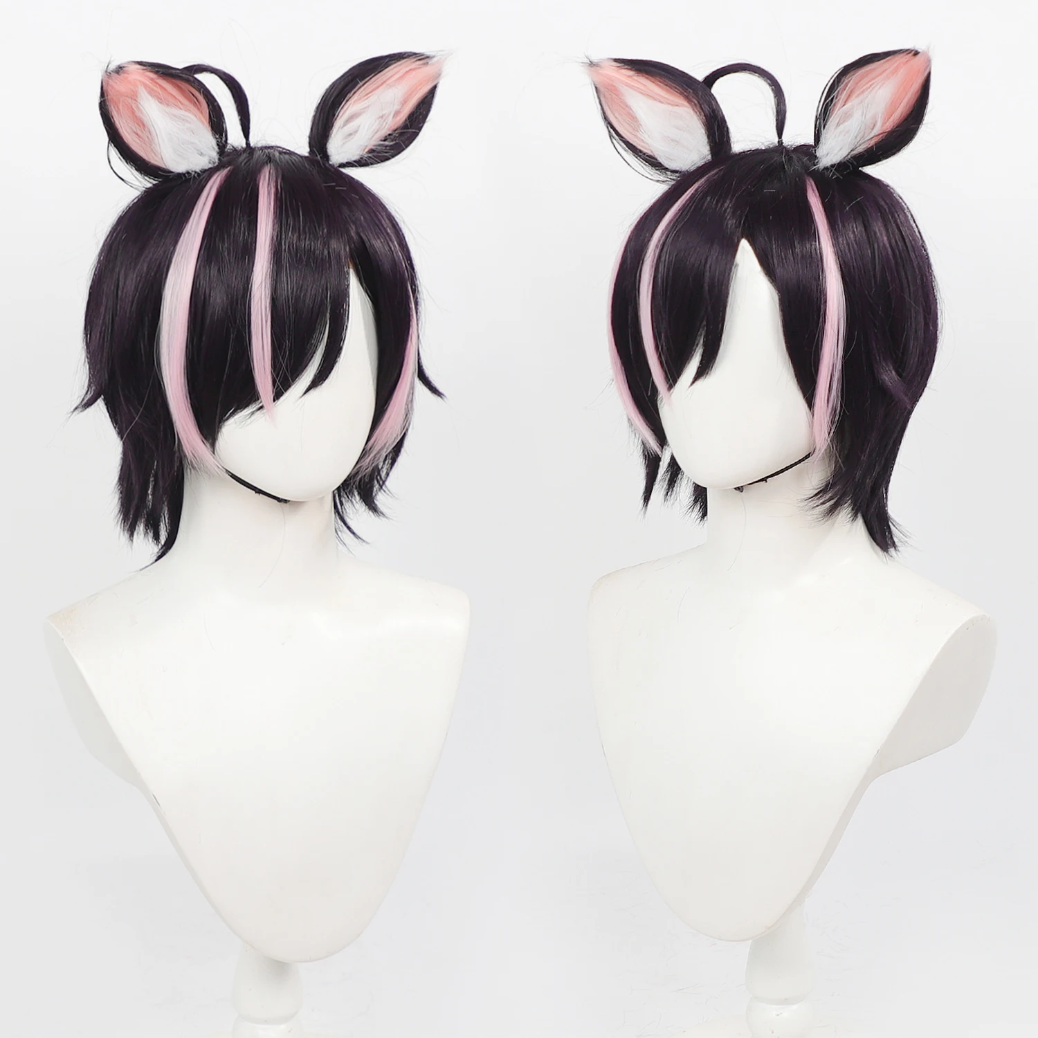 Chainsmoker Cat Hameneko Cos Wig Dark Purple Pink Highlight Synthetic Short Wig Detachable Cat Ears Anime Comic‑Con Halloween