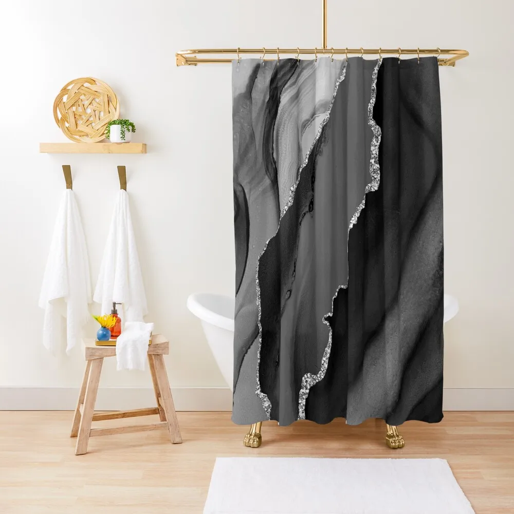 

Black, White (Faux) Marble With Silver-Color Veins Shower Curtain Bathroom Accessorys Bathroom Decor Curtain