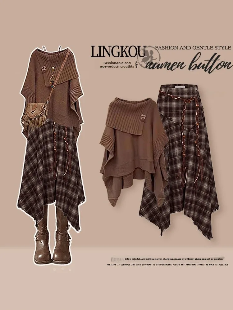 

Американский осенний комплект больших размеров для женщин: вязаный топ и юбка в клетку с высокой талией, молодежный облегающий крой, две части