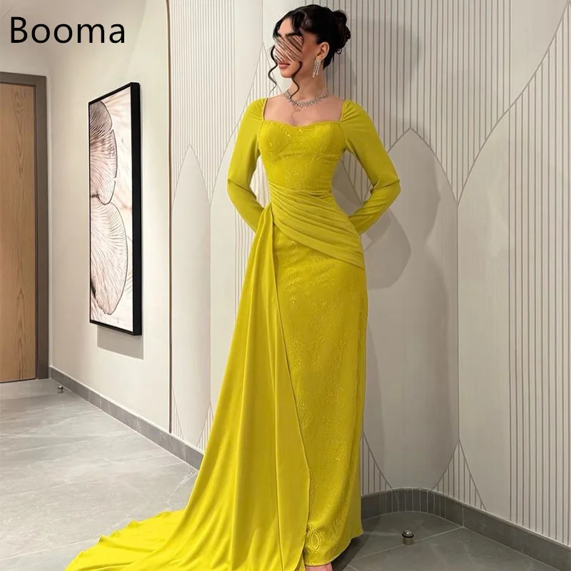 

Booma Elegant Mermaid Square Neck Pleat Lace Dresses Formal Party Gowns for Women Long Sleeve Simple Prom Gown Customize 2025