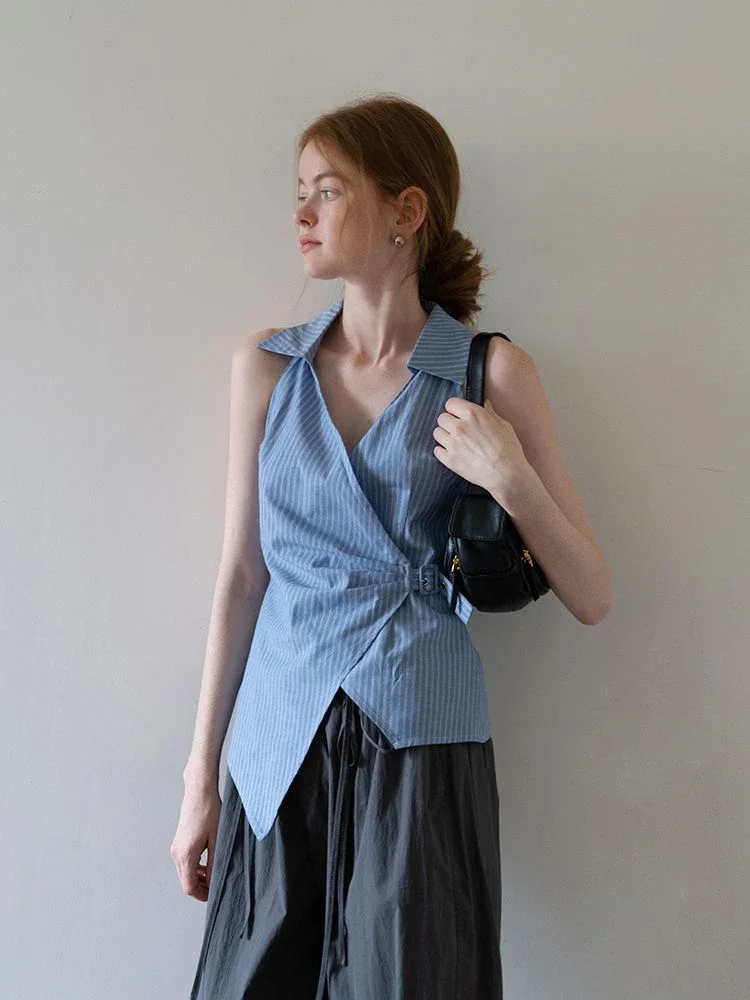 Корейские новые сексуальные майки в нерегулярную полоску с v-образным вырезом, женские летние тонкие элегантные топы без рукавов, модные простые майки с лацканами