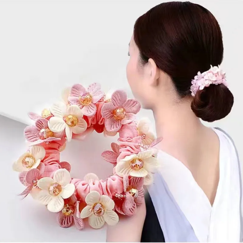 Elegant Large Flower Scrunchie Pearl Crystal Hair Ring Rubber Band Bun Fabric Elastique Scrunchie Korean Accessories 곱창밴드