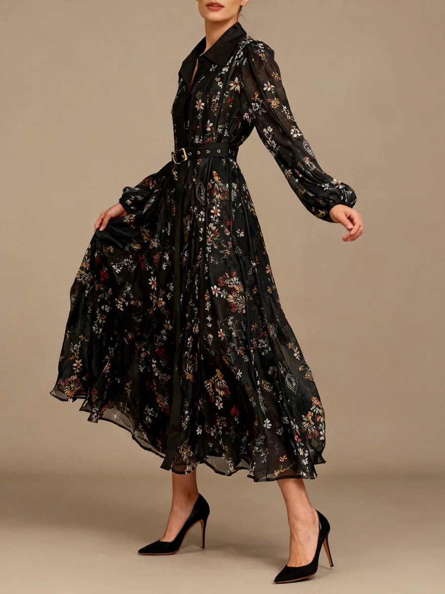 VGH Retro French Floral Dresses for Women Lapel Long Sleeve Patchwork Belt High Waisted Sheer Mesh Dress Female 2026 Spring New