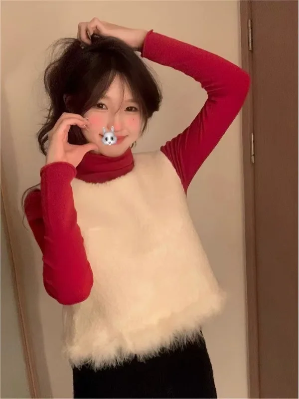 

Новый модный повседневный комплект 2026: Вязаный свитер с высоким воротником и меховой жилеткой для женщин, весенний, из двух предметов