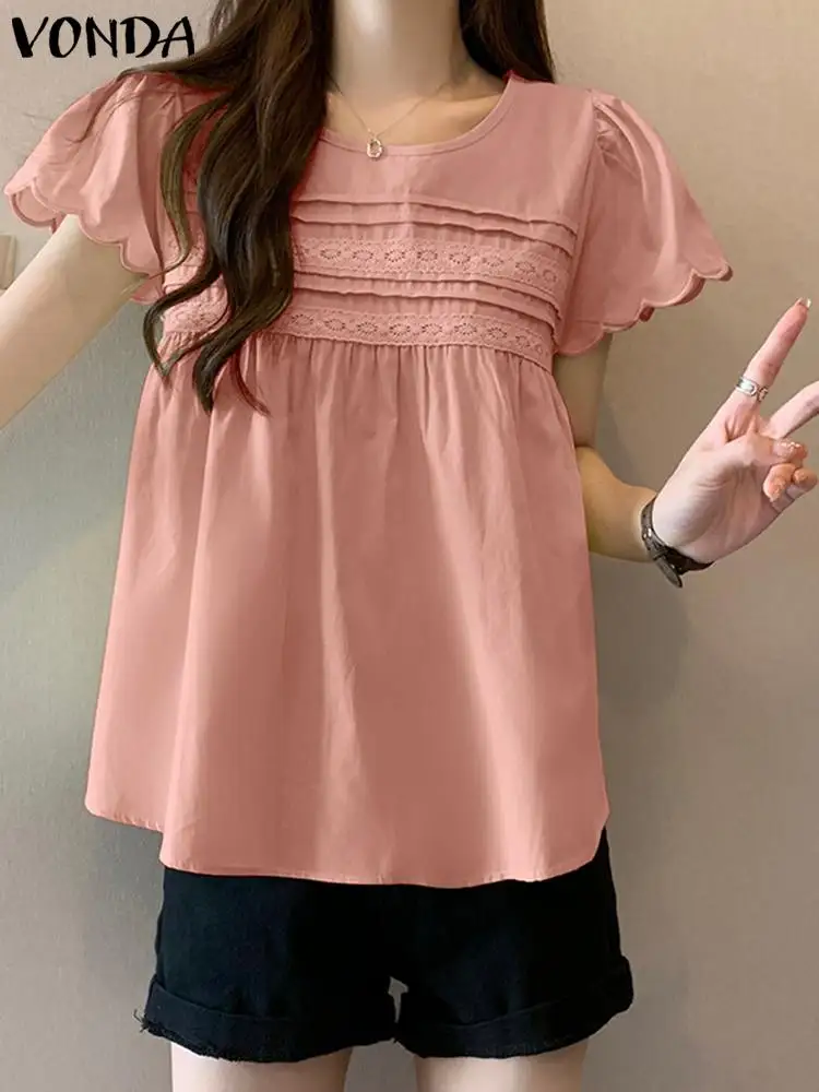 Elegant Women Summer Shirts 2024 Fashion Loose Blouse VONDA Lace Solid Color Short Sleeve Tunic Tops Oversized Blusas Femininas