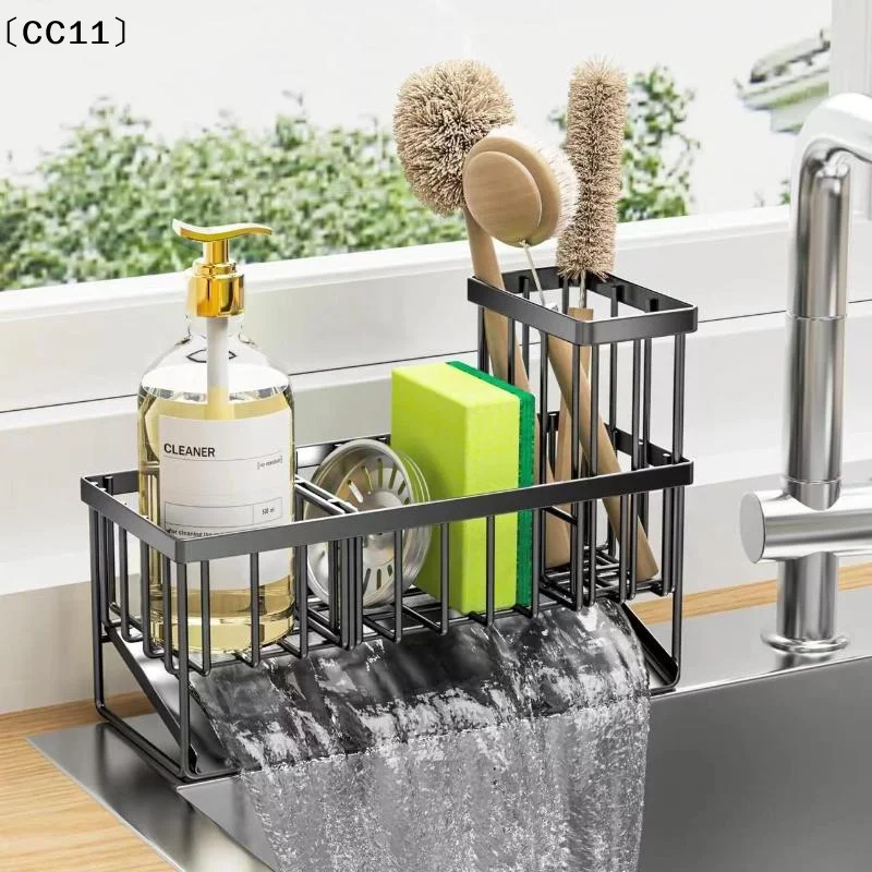 Black Carbon Steel Kitchen Sink Organizer Rustproof Removable Drain Tray Holds Sponges Brushes Dish Soap Utensils〔CC11〕