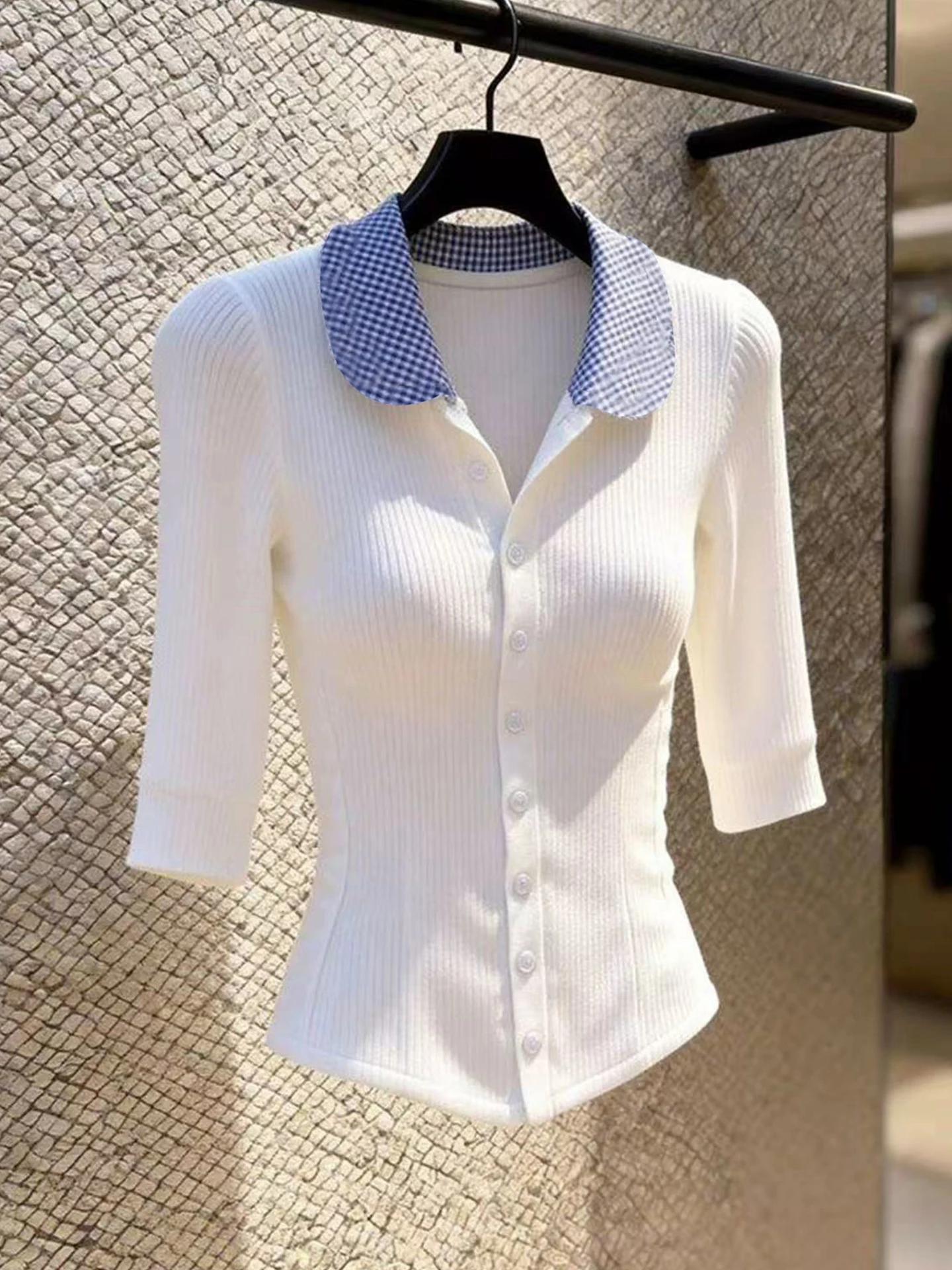 

Slimming Knitted Shirt Collar Short Sleeve Single Button Elegant Spring Summer Top Korean Style Commute Fashion Women's Clothing