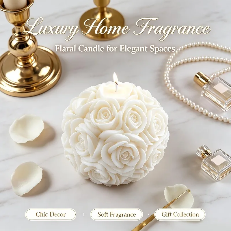 White Rose Ball-Scented Soy Candle, 5×6 cm Flower-Shaped Pillar Candle, Home Decor, Halloween, Valentine's Day Gift