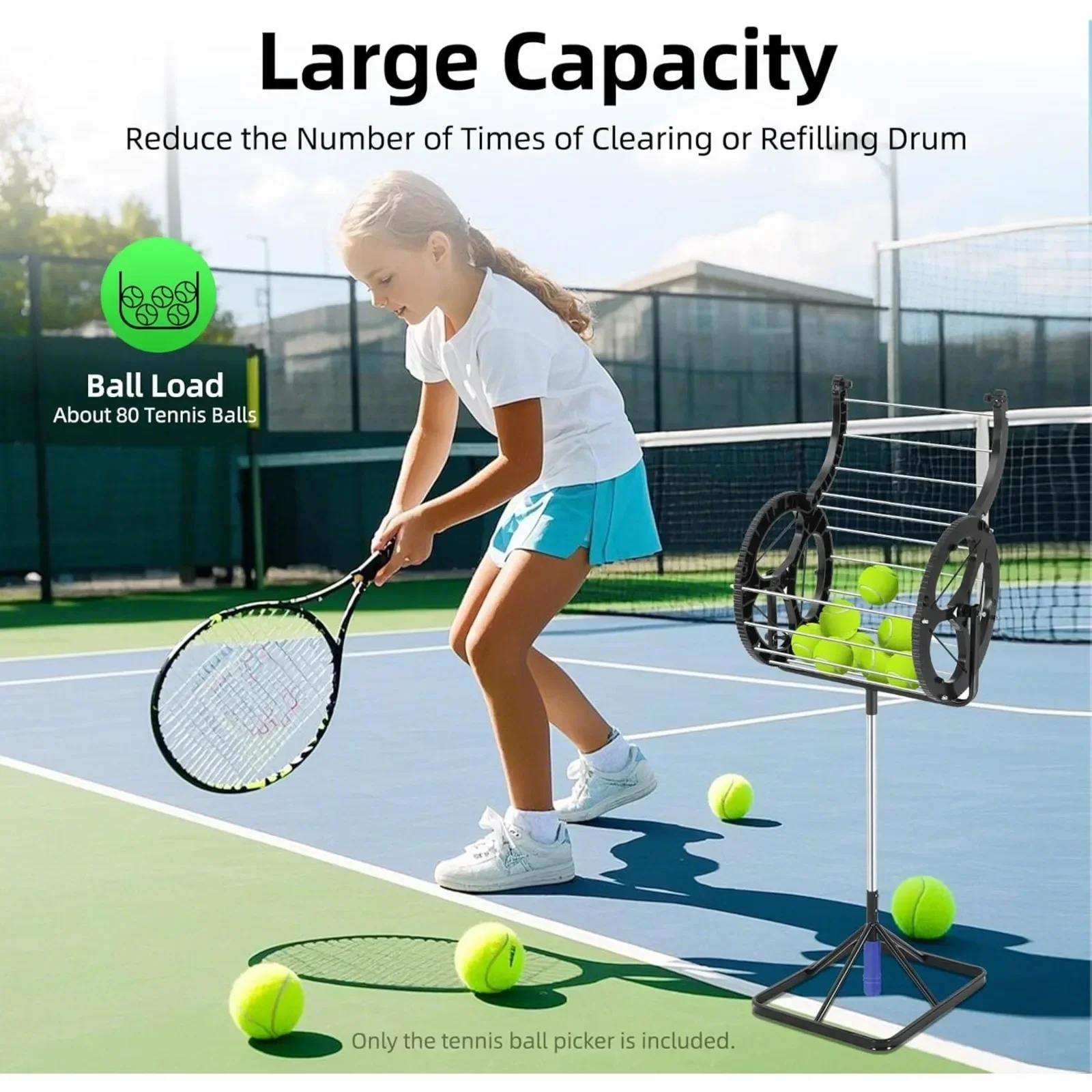 

Бункер для сбора теннисных мячей (емкость 80 мячей) Роликовый измеритель для сбора мячей с ручкой Регулируемая высота Без изгиба