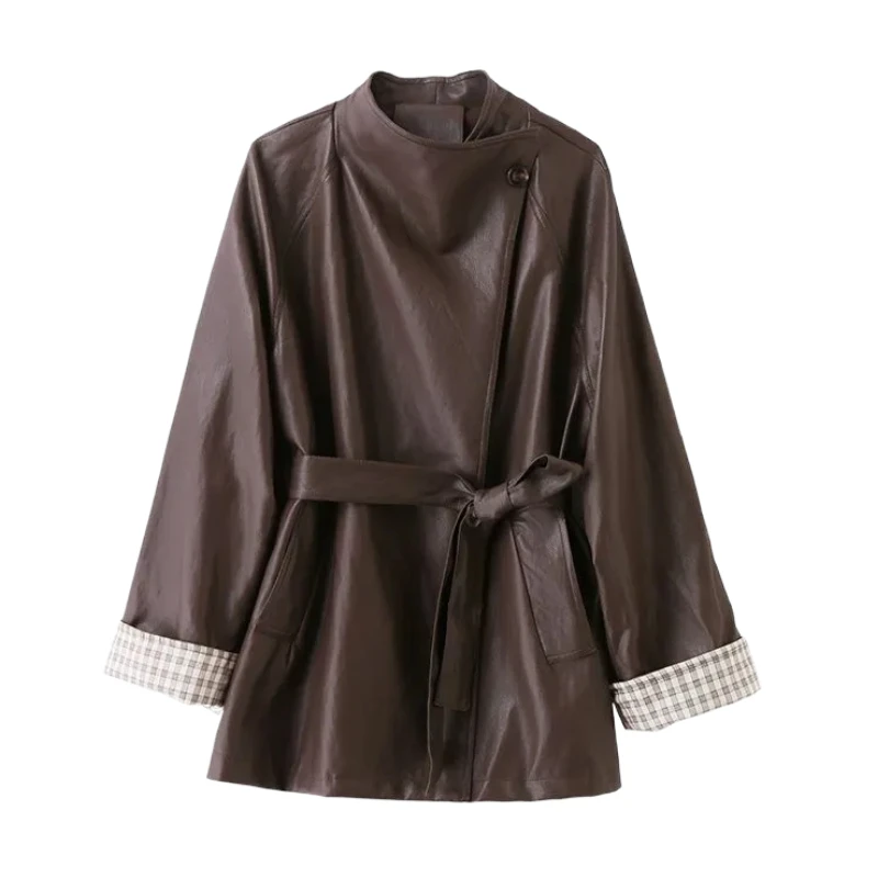 Ele Long Leather Jaet Women's Autumn New Sle Belted Maturi Lightened Wind Coat Polyester Fiber Long Sve Loose Fit