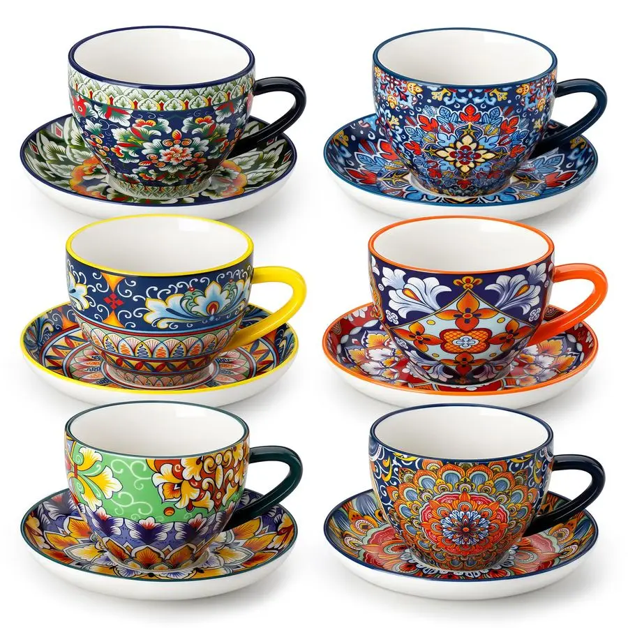 

Набор из 6 чашек для капучино объемом 8 унций с блюдцами, богемные керамические чашки для латте, чая, эспрессо, подходят для микроволновой печи и посудомоечной машины.