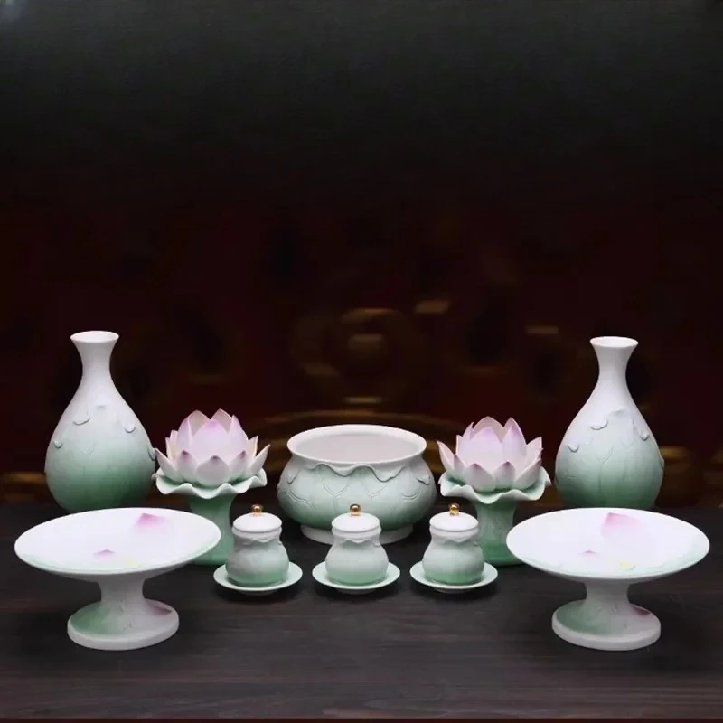 Ceramic Buddha Hall Offering Platform Buddhist tools and supplies Lotus incense burner Holy Water Cup vase Home Furnishings
