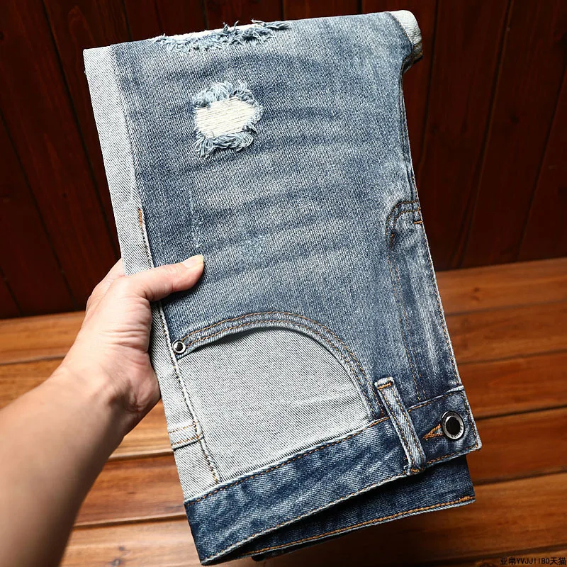 Celana panjang jins robek untuk pria, celana panjang kurus pas badan, celana Jeans perca kasual musim semi dan musim gugur, celana panjang robek untuk pria