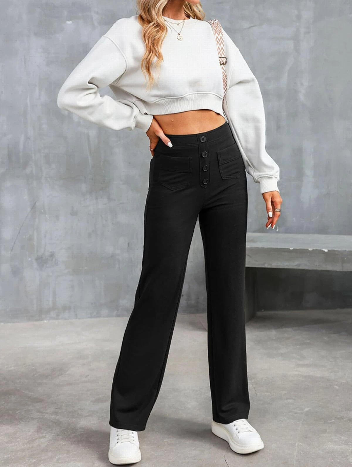 Summer Pants 2024 Women Fashion New Casual with High Waist Button Strap and Multiple Pockets Straight Leg Trousers for Female