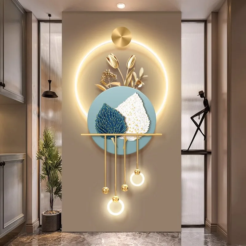 Luxury-modern feathered entrance wall light with LED, three-dimensional floral mural at the end of the corridor, abstract entran
