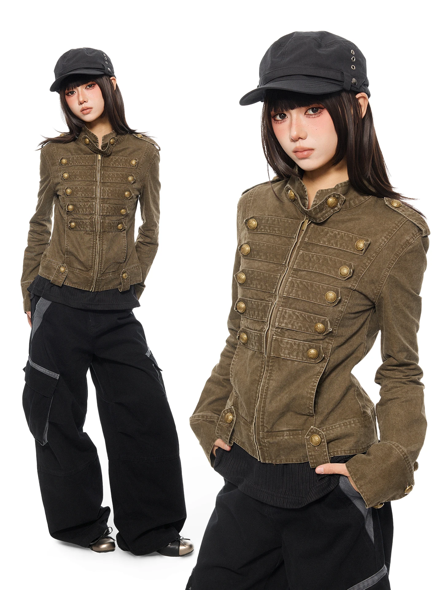 K787 Metal Napoleon Modern American Style Short Work Jacket Men Women Washed Vintage Button Decorated Slim Fit Cotton Jacket
