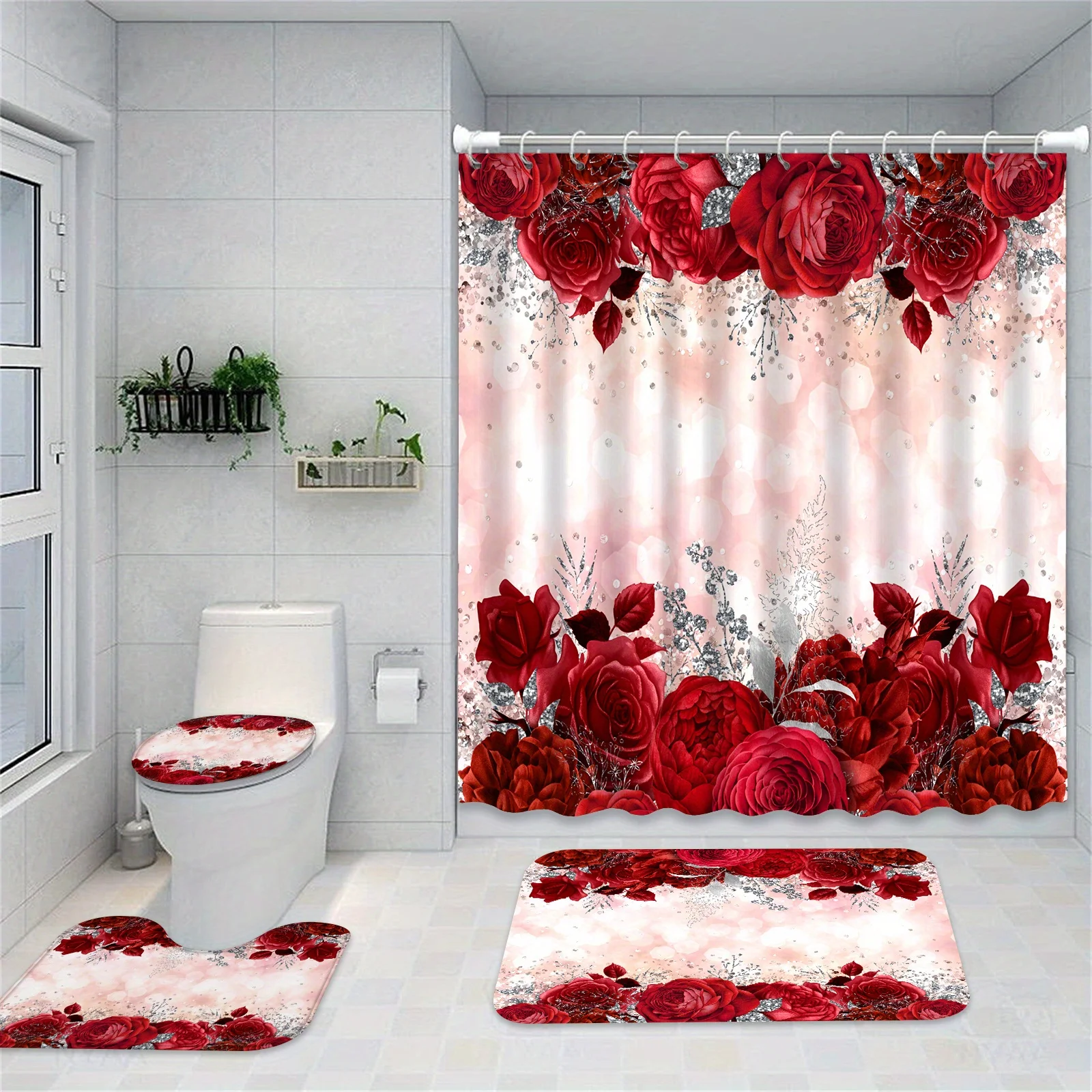 

Набор для декора ванной комнаты с розовым узором, включает четыре предмета: занавеска для душа, U-образный коврик для унитаза, напольный коврик для ванной, чехол для сиденья унитаза