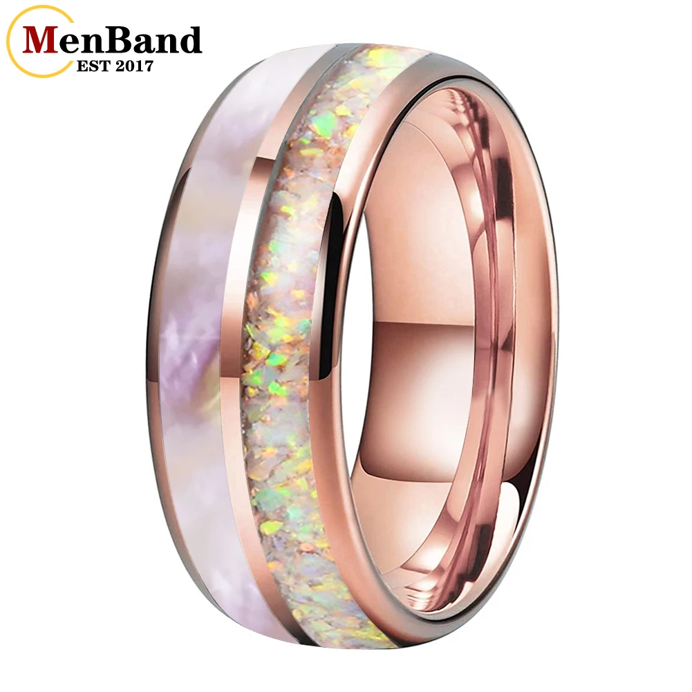 MenBand 6/8MM Pink Abalone Shell And Pink Opal Inlaid Dome Polished Tungsten Ring for Men And Women, Engagement And Wedding Ring