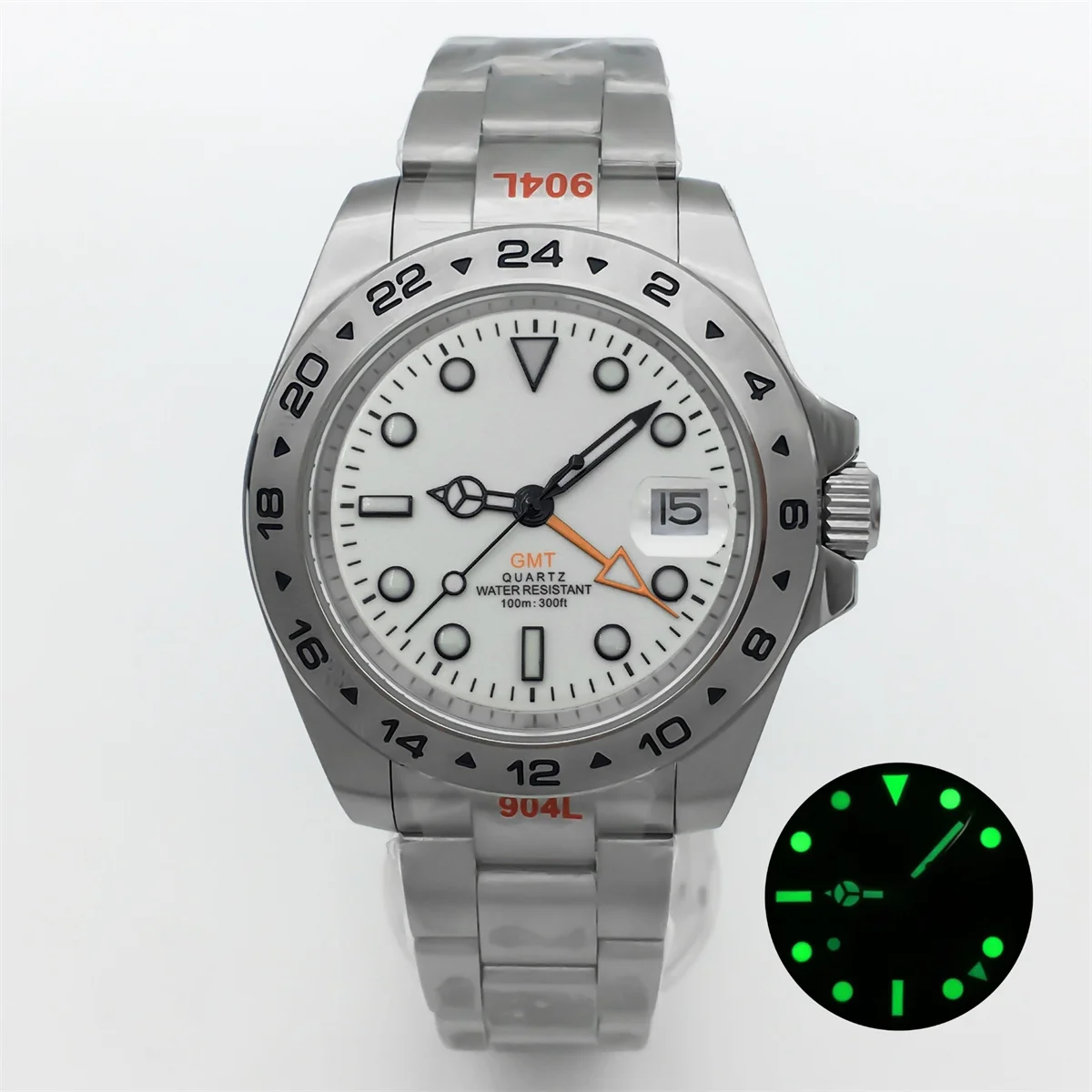 BLIGER 40mm Rhonda 515-24H GMT Men's Watch 24 hours Silver fixed bezel Sapphire glass Green luminous stainless steel bracelet