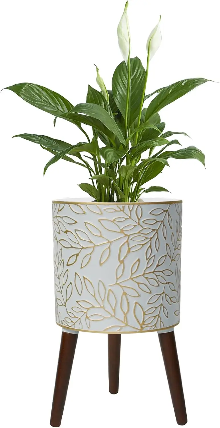 Indoor and Outdoor Use, Wood and Plastic, Gold, Modern 12-inch Plant Pots with Drainage Holes and Floral Embossed Design