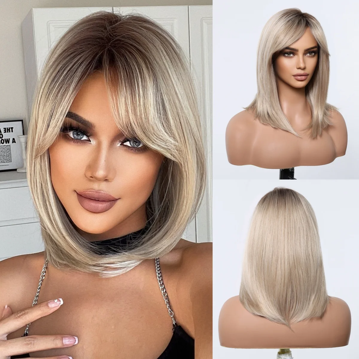 Fluffy Realistic Head Blonde Bob Wig Short Straight Wig with Side Bangs for Women Synthetic Heat Resistant Party Costume Wigs