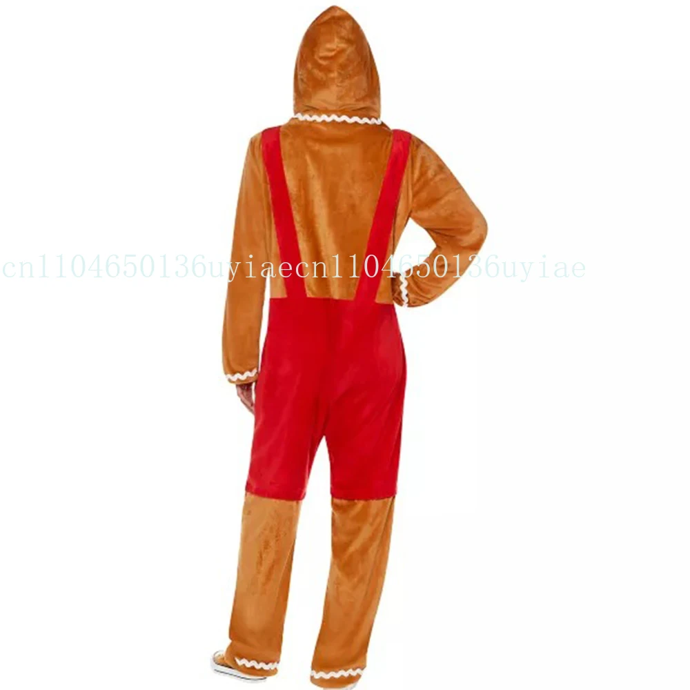 Mulheres homens natal cosplay trajes gingerbread homem manga longa bowtie botão com capuz macacões trajes de festival