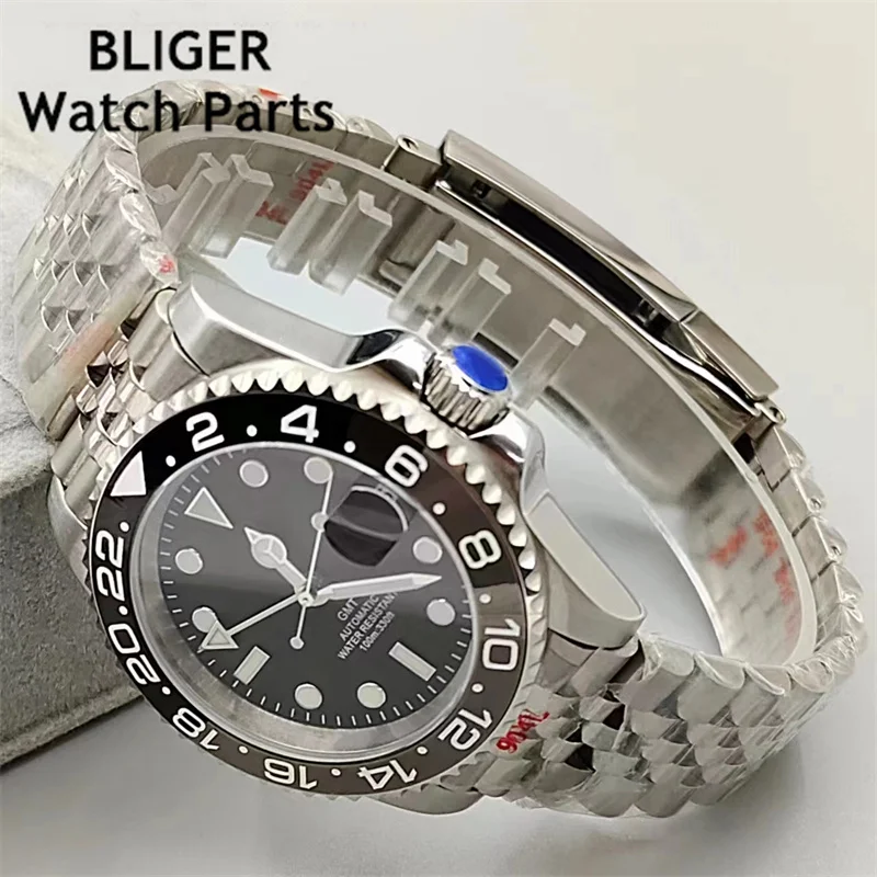 BLIGER 40mm GMT Men Mechanical Wristwatch NH34 Watch Sapphire Glass Ceramic Bezel Letters Black Dial Stainless Steel Bracelet