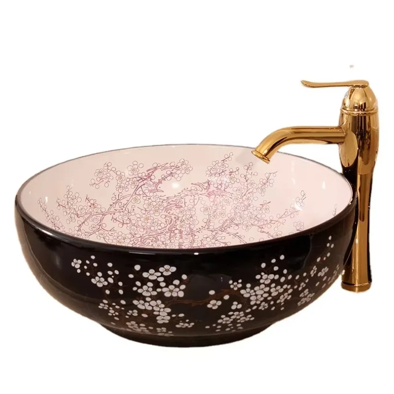 

Ceramic plum blossom Chinese painting ceramic washbasin countertop sink bathroom round ceramic basin