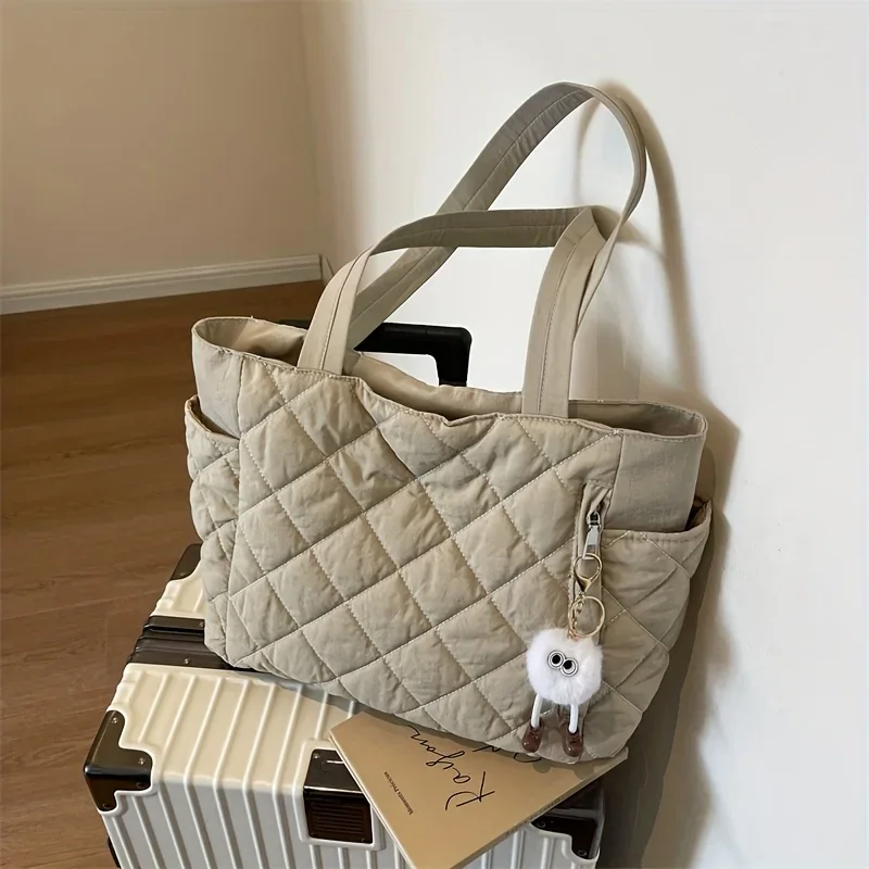 Women's Black & Beige Rhombus Quilted Handbag Nylon Handbags Shoulder Bag with Purse and Pendant for Women Tote Bag Everyday Use - view 3