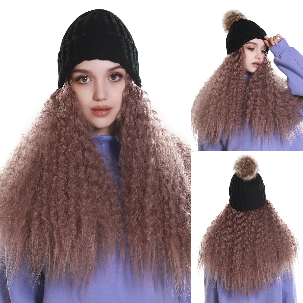 

Women's Synthetic Wig Hat with Long Curly Hair, Woolen Knitted Warm Wig Cap for Daily Wear Outdoors Warm Wigs Cap