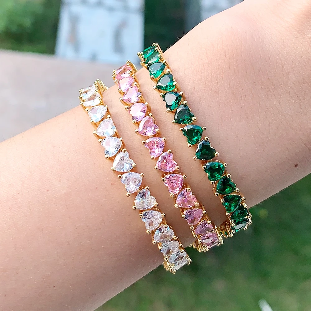 Iced Out Bling 5A Cubic Zirconia Paved Colorful Women Fashion Jewelry White Pink Green Cluster Heart CZ Tennis Chain Bracelet