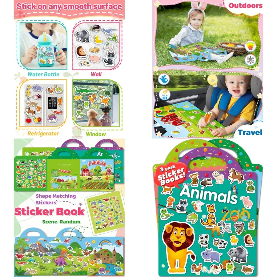 

3 Pack Reusable Sticker Book for Toddlers 2-4 Years Old Interactive Learning Activities for Preschool Creative Craft Toys for T