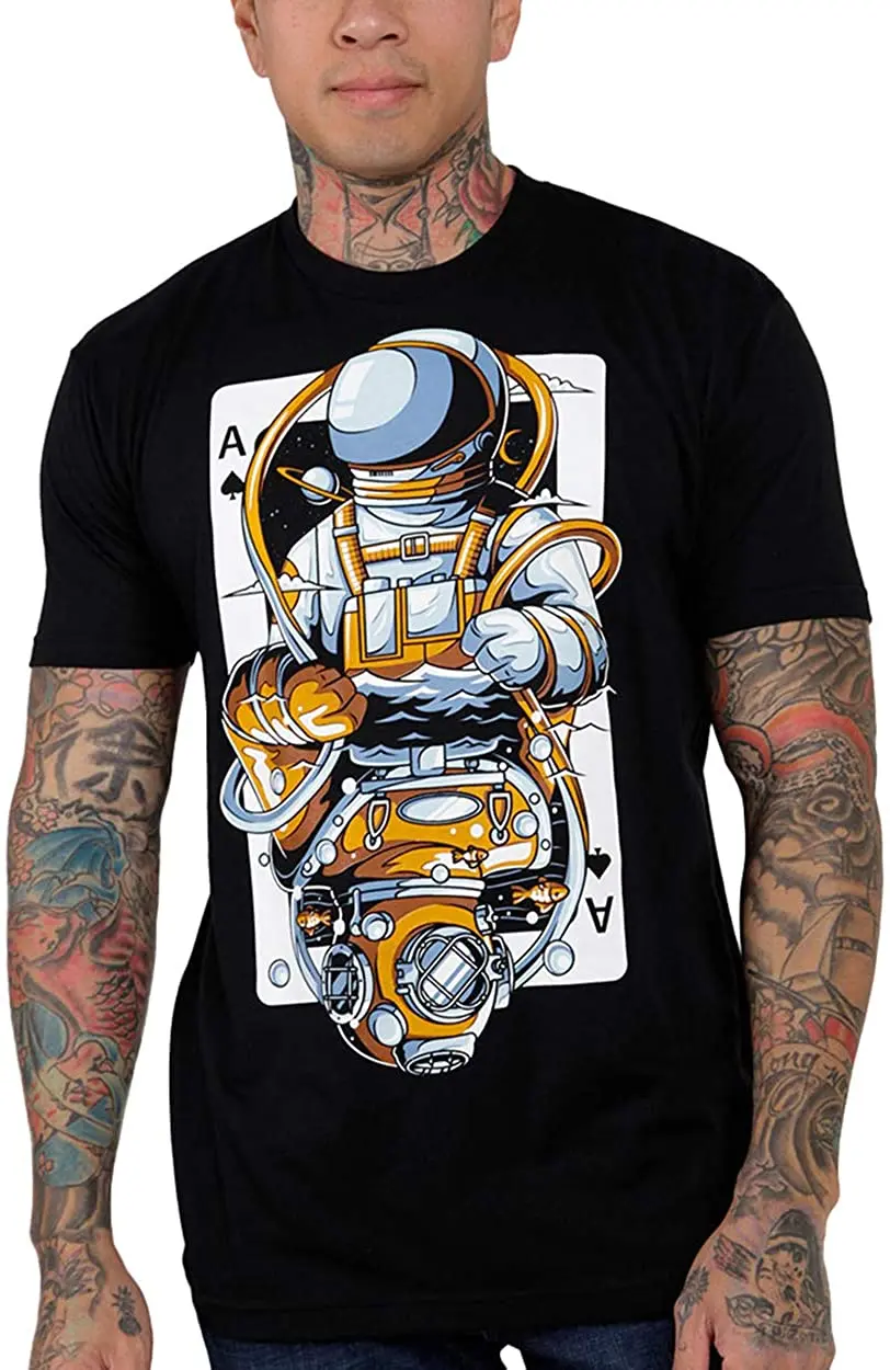 

Cool Design Astronauts and Divers Poker Style Graphic T-Shirt. Summer Cotton Short Sleeve O-Neck Mens T Shirt New S-3XL