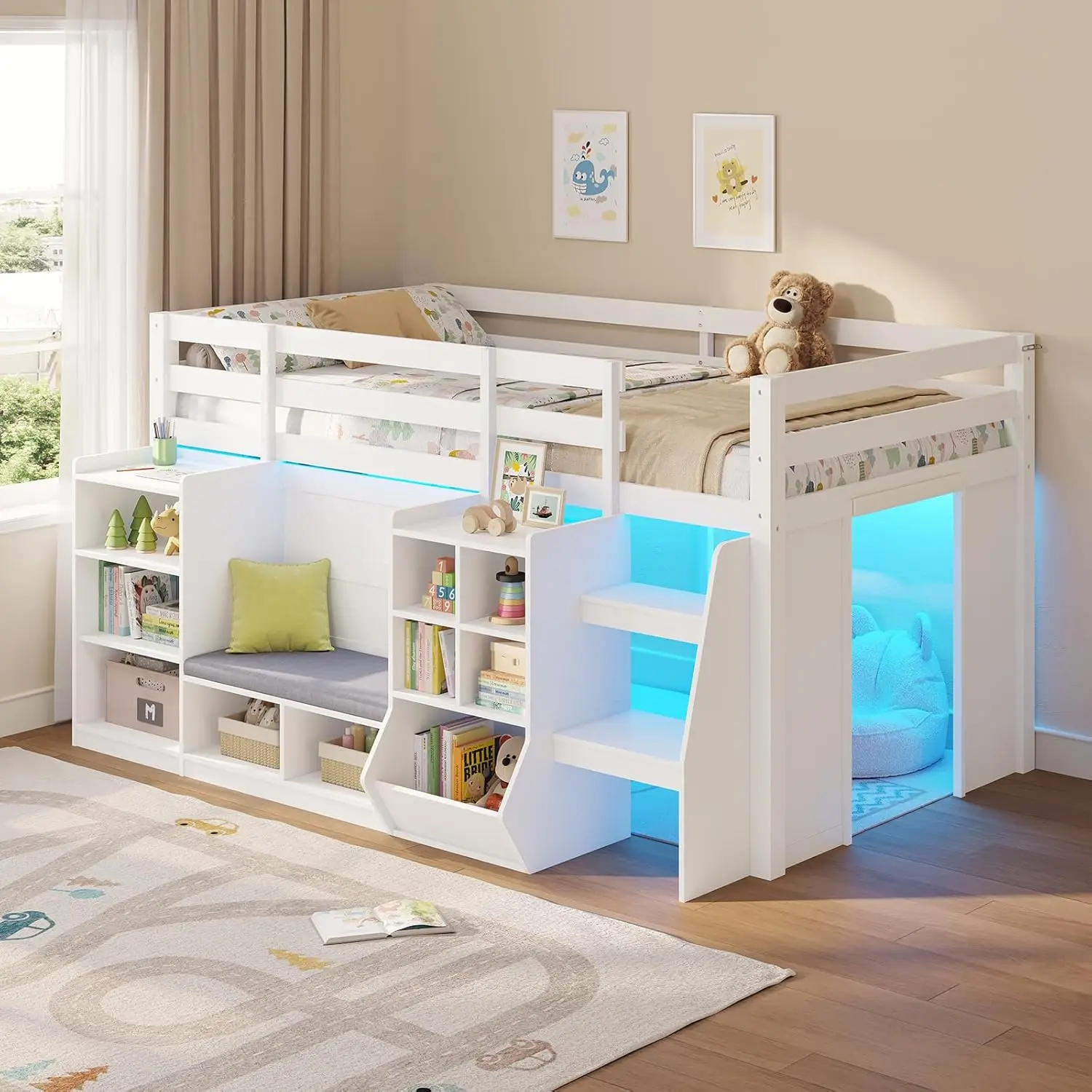 

Low Loft Bed Twin Size with Storage Bookcase and Led Lights, Wooden Kids Loft Bed with Under-Bed Play Space and, Customized