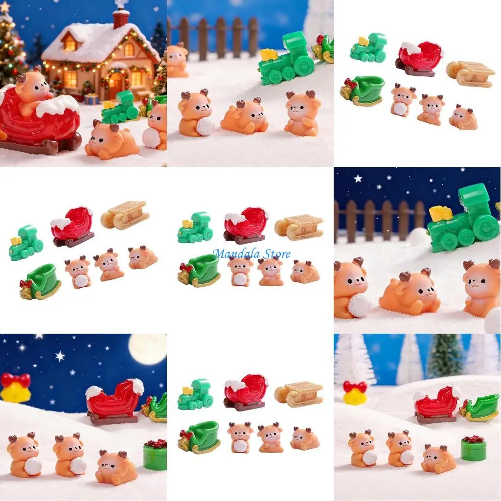U2JC （7pcs）Christmas Accessories Miniature Sleigh Ornament set, Snow Scene Ornaments, Resin Winter Home Decor