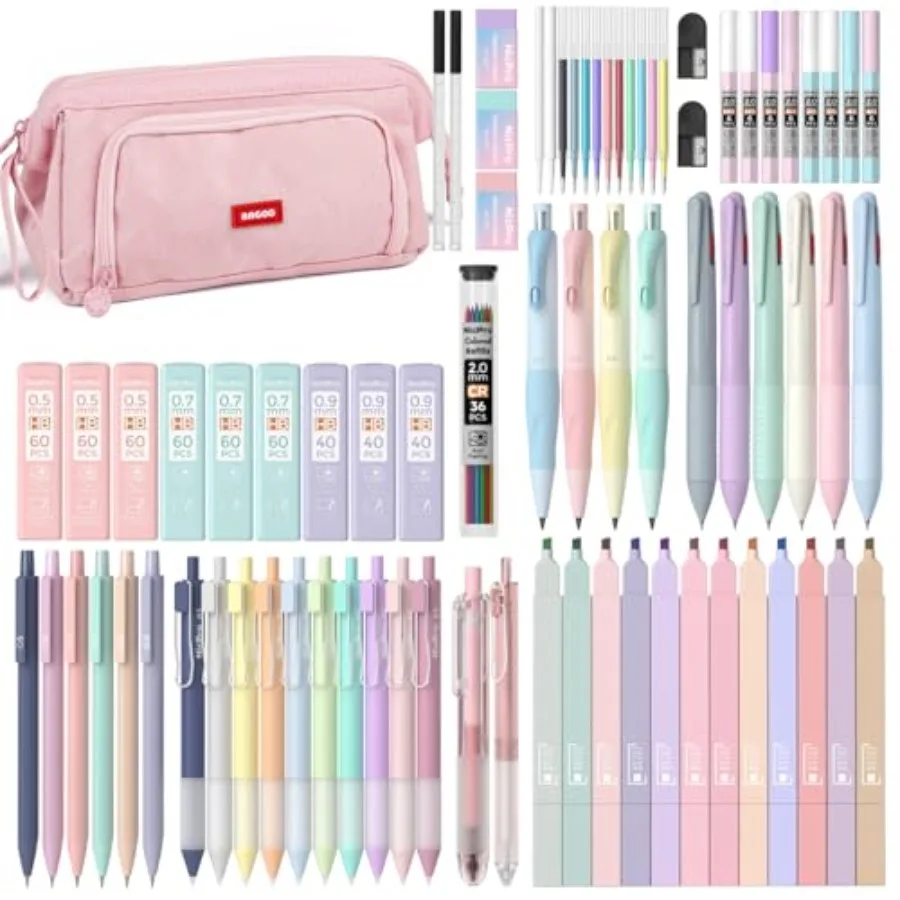 

Aesthetic School Supplies with Cute Pen Case 12 Pastel Highlighters 12 Color and Black Ink Gel Pens 10 Mechanical Pencils 0.5 0