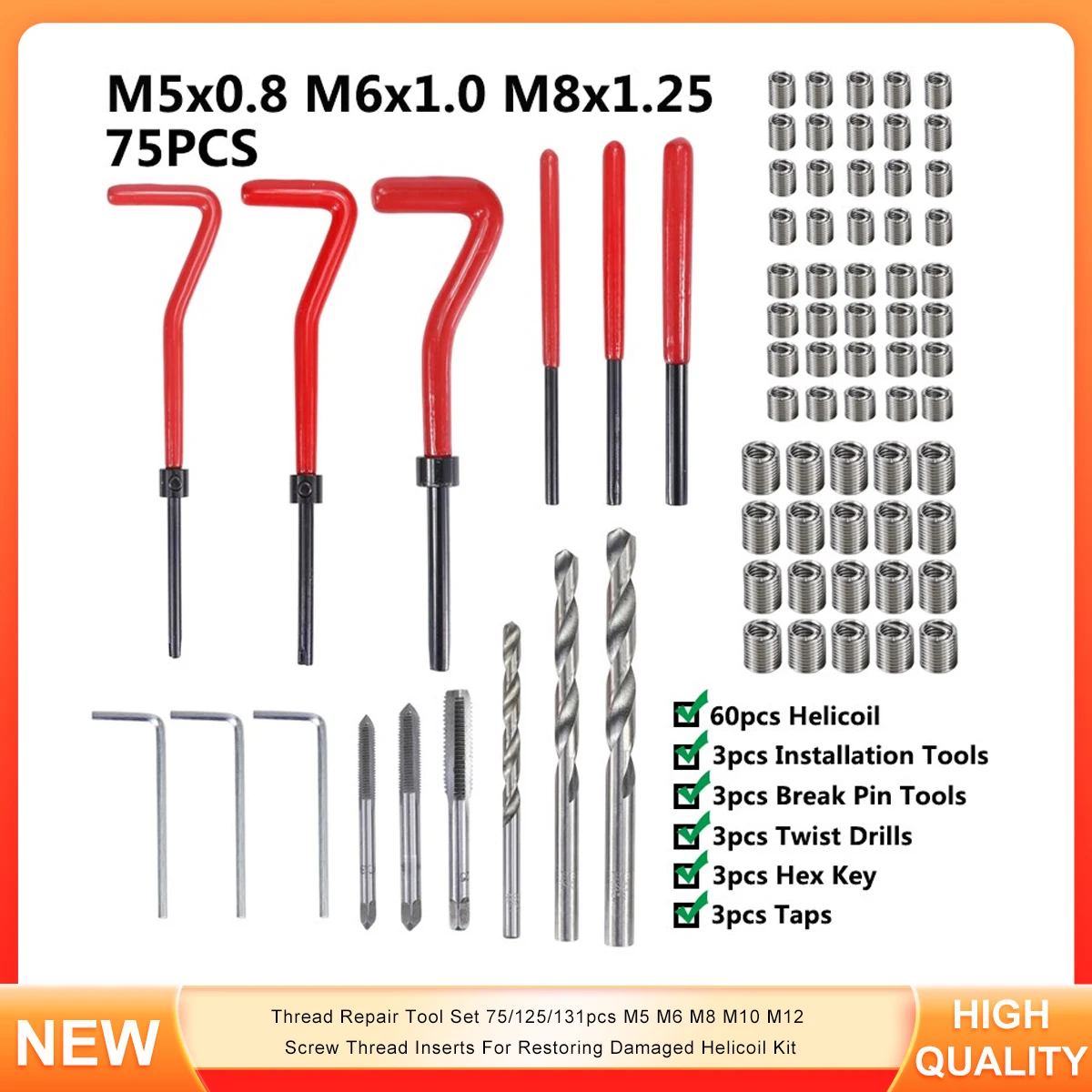 

Thread Repair Tool Set 75/125/131pcs M5 M6 M8 M10 M12 Screw Thread Inserts For Restoring Damaged Helicoil Kit