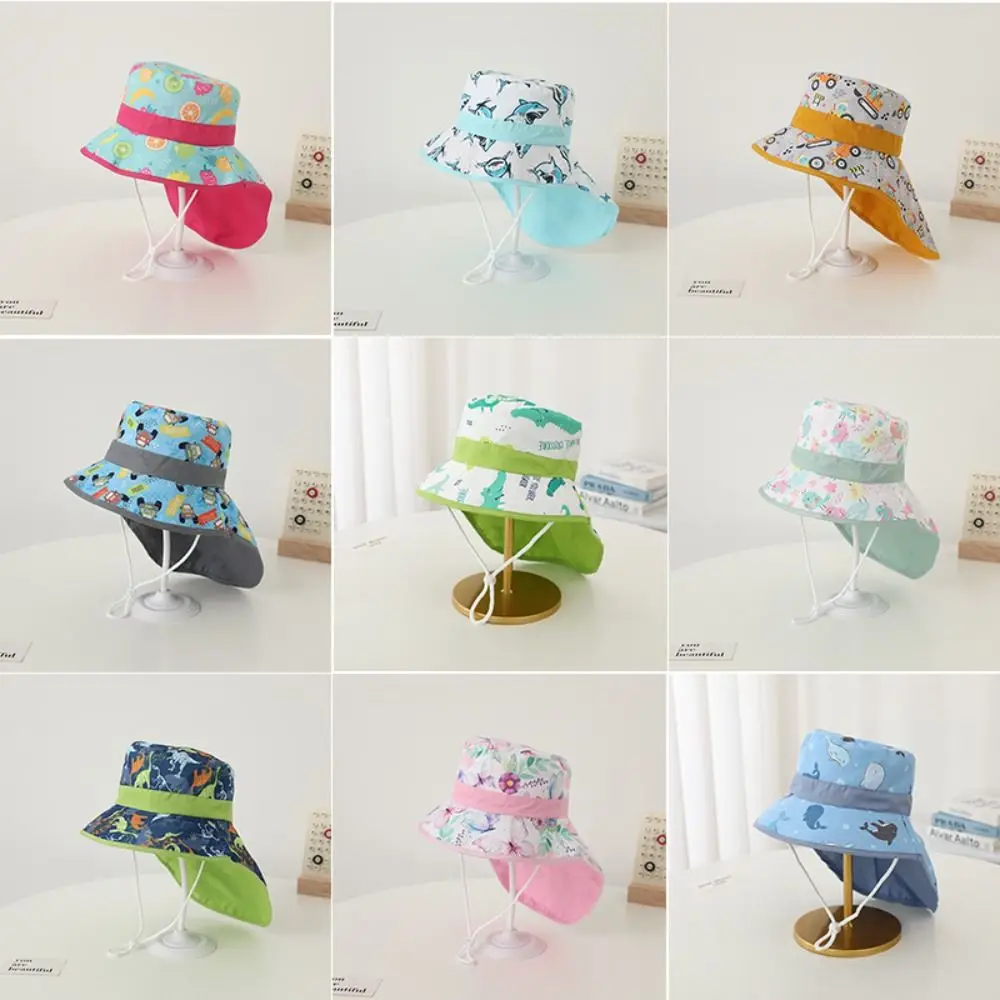 

Wide Brim Summer Baby Bucket Hat New Neck Protection UV Protection Panama Hat Breathable Cartoon Children's Beach Shawl Hat