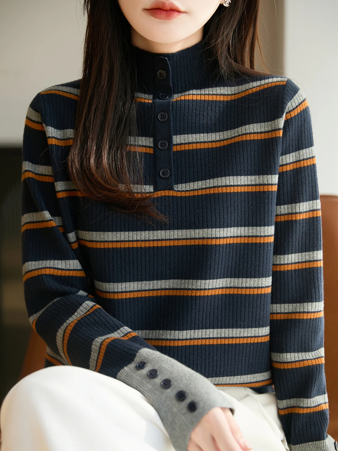 

Ретро-свитер в полоску с цветными блоками и пуговицами, женский, с длинным рукавом, облегающий, базовый слой, дизайнерский топ для девушек, модный