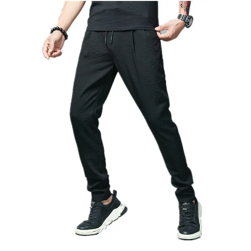 Summer Ice Silk Pants Men\'s Casual Pants Loose Thin Ultra-thin Trousers Men\'s Sports Pants Trousers 120KG Can Be Worn