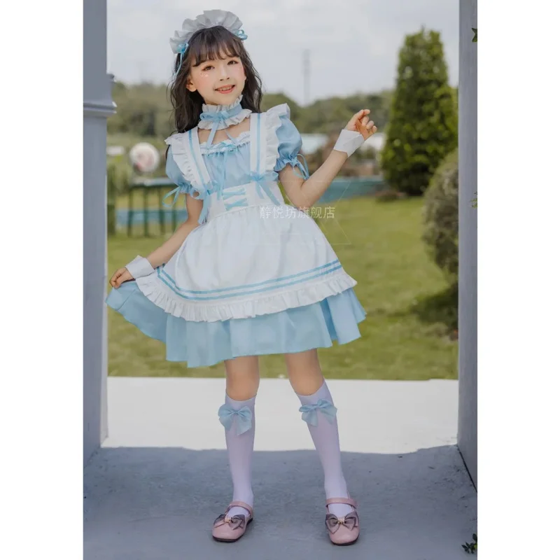 2025 NewNew Kids Lovely Maid Cosplay Costumes Girls Anime Lolita Princess Dress Short Sleeve Ruffle With Headwear Neckwear Su AA