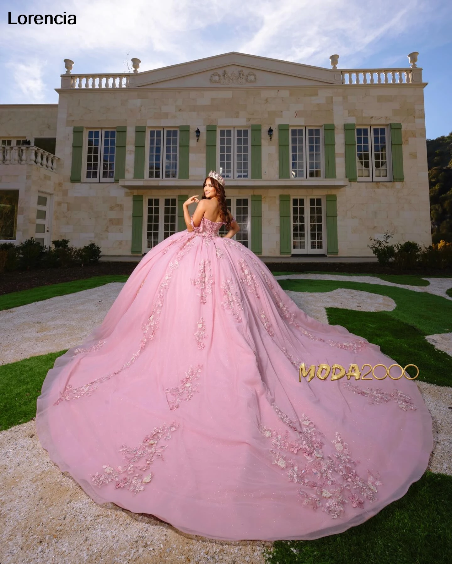 Vestido rosa Lorencia de baile com aplique de renda brilhante, espartilho frisado, vestido doce 16 anos, quinceanera mexicana e quente, YQD899