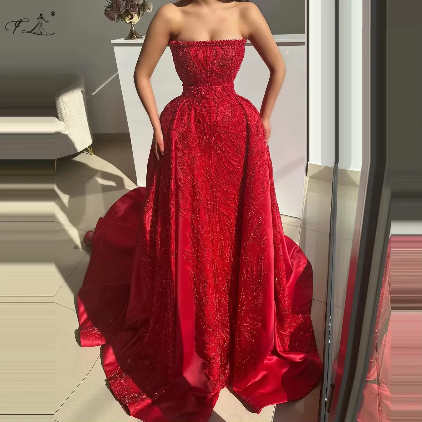 Gala-Kleider, Perlen-Abendkleid, trägerlos, Schleppe, formelles Abendkleid, elegantes Damenkleid, anpassbar