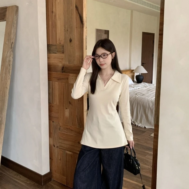 Frauen Herbst Langarm Top Stilvolle Kragen Plissee T Schulter Fit Abnehmen Bauch Abdeckung Design Lässige Mode Bluse ​