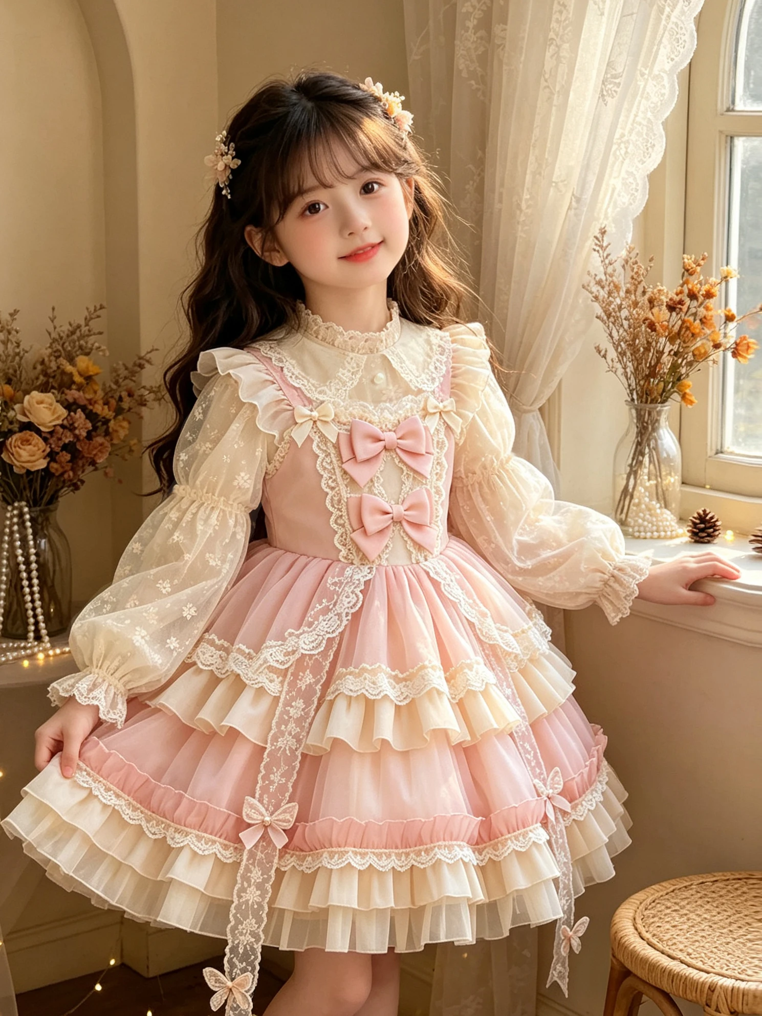 Cute Princess Dress for Girls Birthday Cake Design Multi-layered Skirt Long Sleeve Medium-length Fairy Dress  Knot