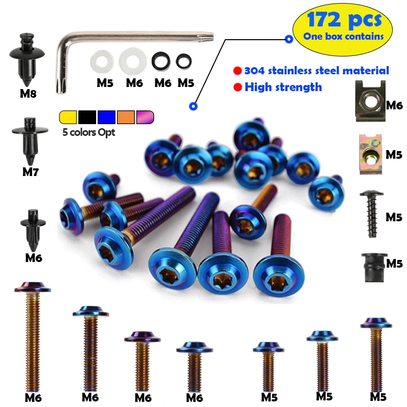

172 болта для обтекателя мотоцикла, комплект винтов из нержавеющей стали, гаечные зажимы, подходят для BENELLI TRK251, TRK502, TRK702, TRK 251, 502X, 702X, 502, 702 X, LEONCINO 500