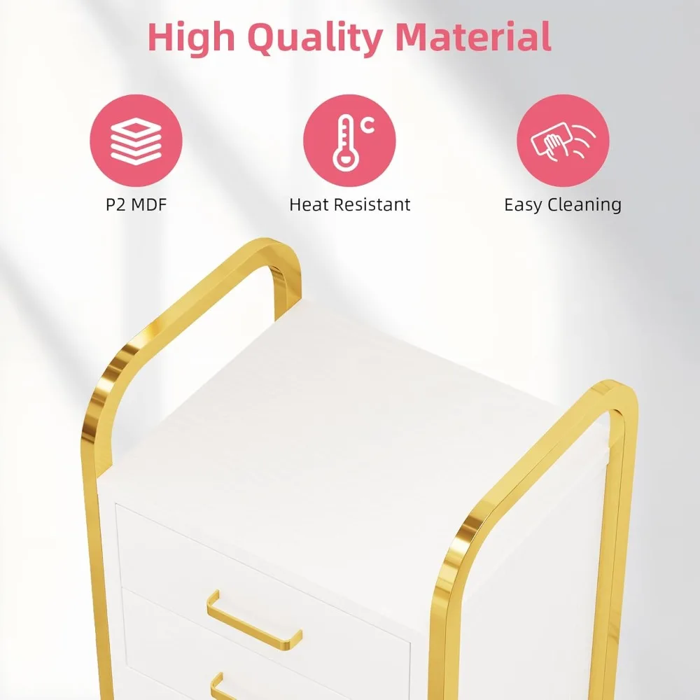 عربة دوارة لصالونات التجميل باللونين الأبيض والذهبي مع عجلات، عربة تجميل متنقلة مع درجين، محطة صالون مع خزانة تخزين للشعر