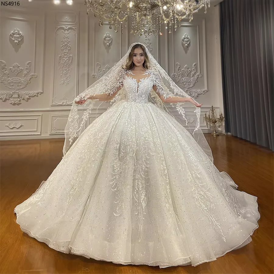 Customized Luxury Embroidered Lace Wedding Dress V Neck Floral Cap Sleeves Royal Princess Ball Gown Amanda Novias Official